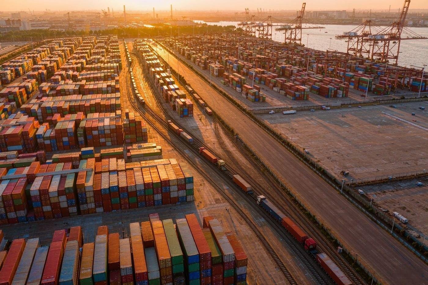 Container port at golden hour with stacked containers and cargo cranes