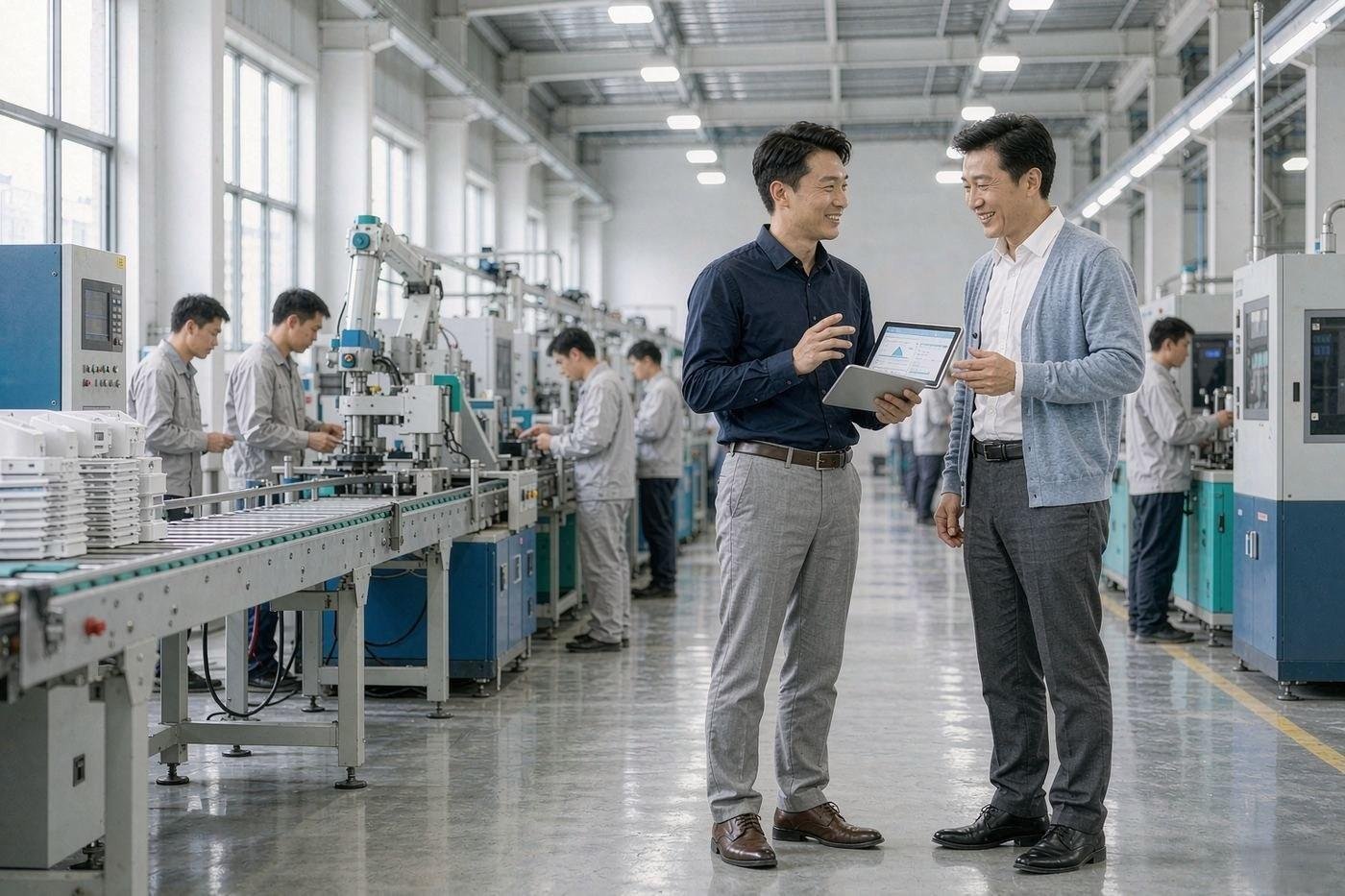 Sourcing agent discussing production details with a factory manager